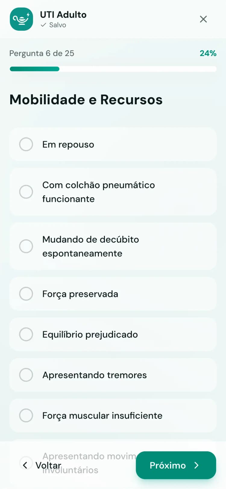 EvoluiFácil aberto no celular mostrando formulário de evolução com barra de progresso, na beira do leito